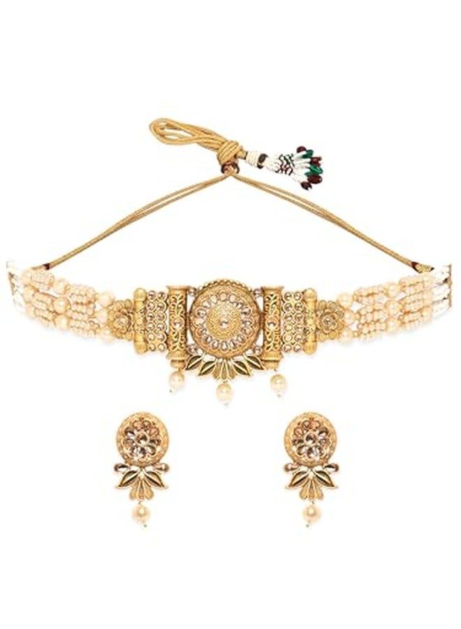Rubans Gold Pendant, White Pearls, and Beaded Chain Choker Set For Women - Image 4