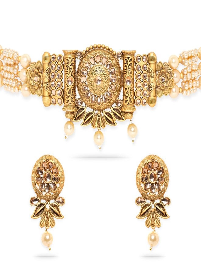 Rubans Gold Pendant, White Pearls, and Beaded Chain Choker Set For Women - Image 1