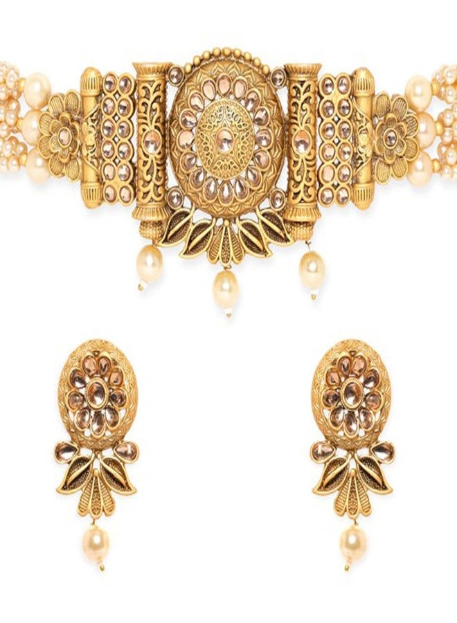 Rubans Gold Pendant, White Pearls, and Beaded Chain Choker Set For Women - Image 5