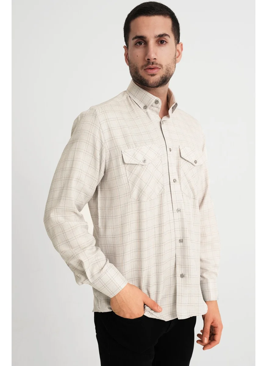 فاريتا Men's Cream Flap Double Pocket Long Sleeve Checked Linen Effect Shirt