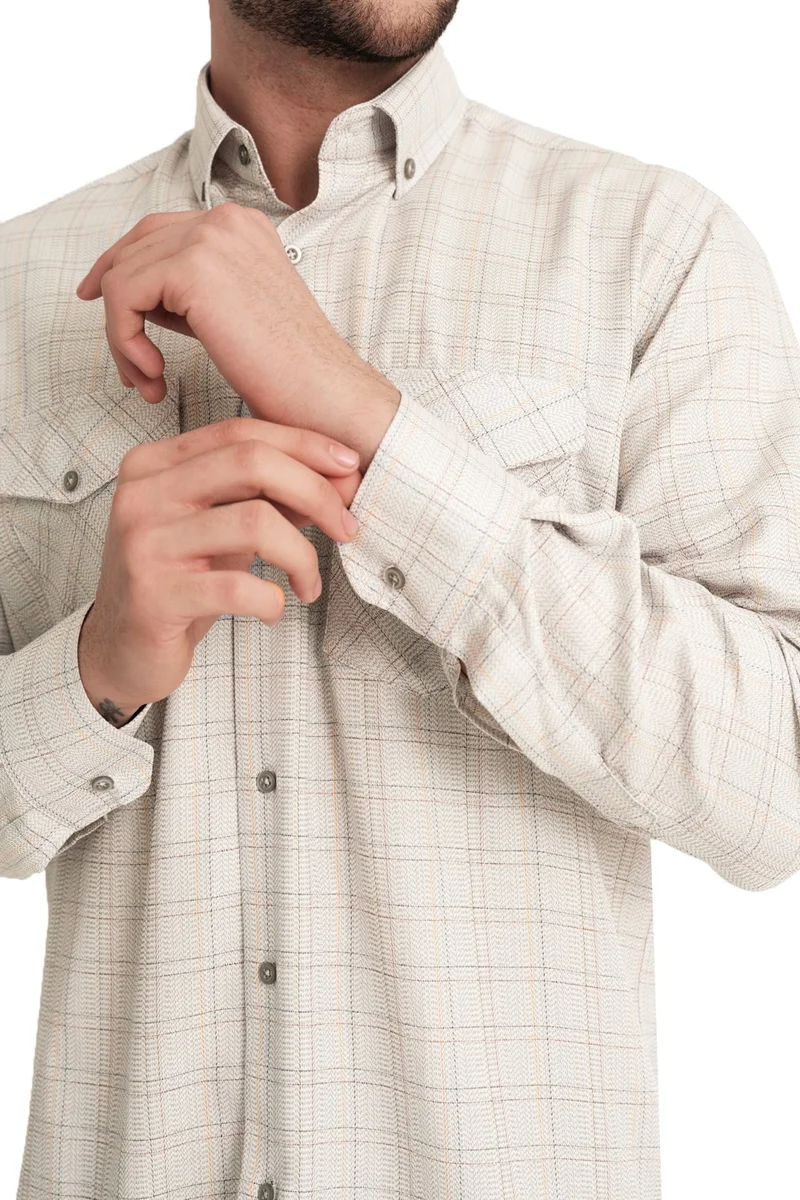 فاريتا Men's Cream Flap Double Pocket Long Sleeve Checked Linen Effect Shirt