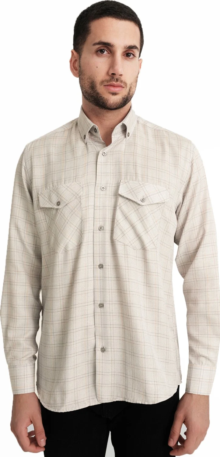 فاريتا Men's Cream Flap Double Pocket Long Sleeve Checked Linen Effect Shirt