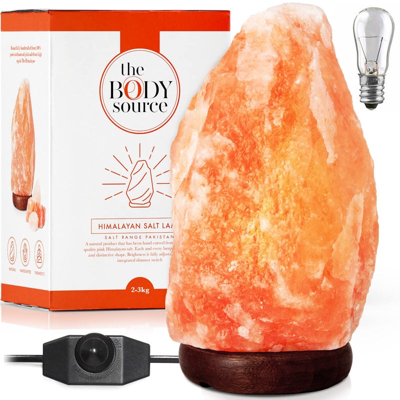 The Body Source Himalayan Salt Lamp 10-12 inches (11-15Ib), Includes Dimmer Switch and Night Light - All Natural Salt Lamp with Handcrafted Wooden Base and Light Bulb Replacement - Image 1