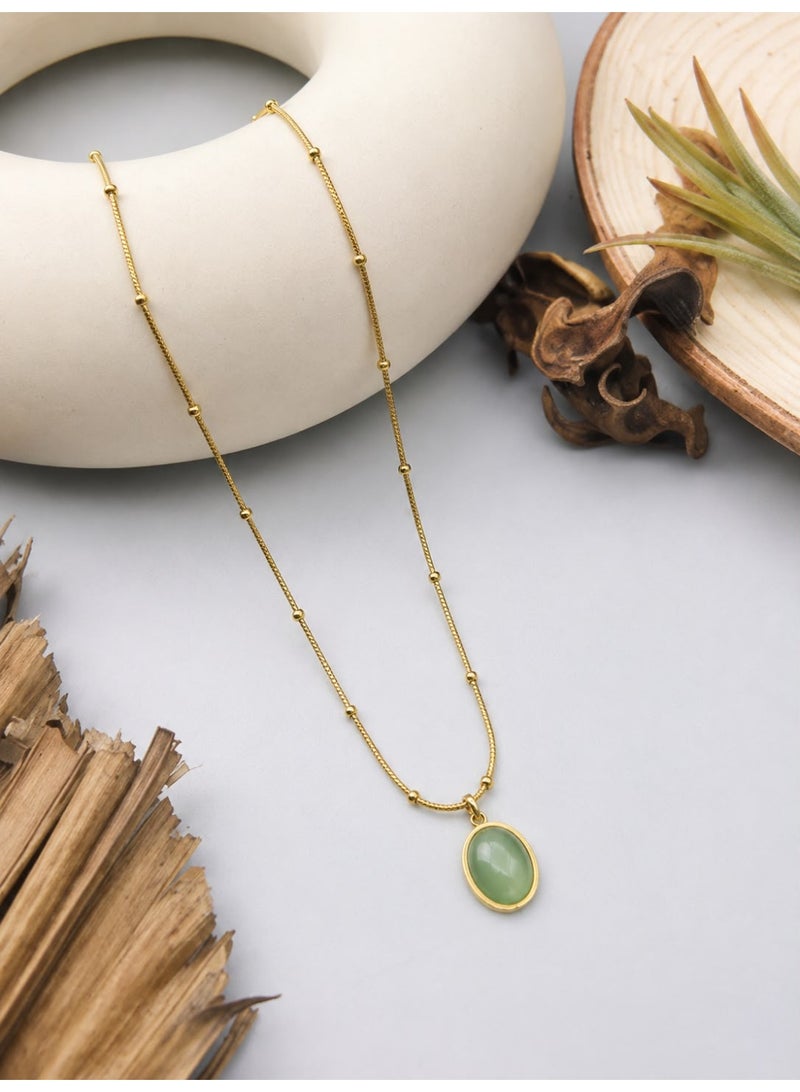 Shein Gold Beaded Chain Necklace for Women with Oval Green Stone Pendant – Stainless Steel - Image 3