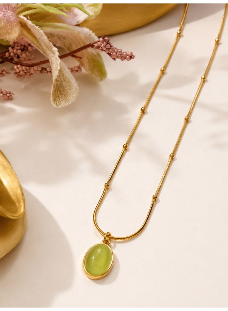 Shein Gold Beaded Chain Necklace for Women with Oval Green Stone Pendant – Stainless Steel - Image 2