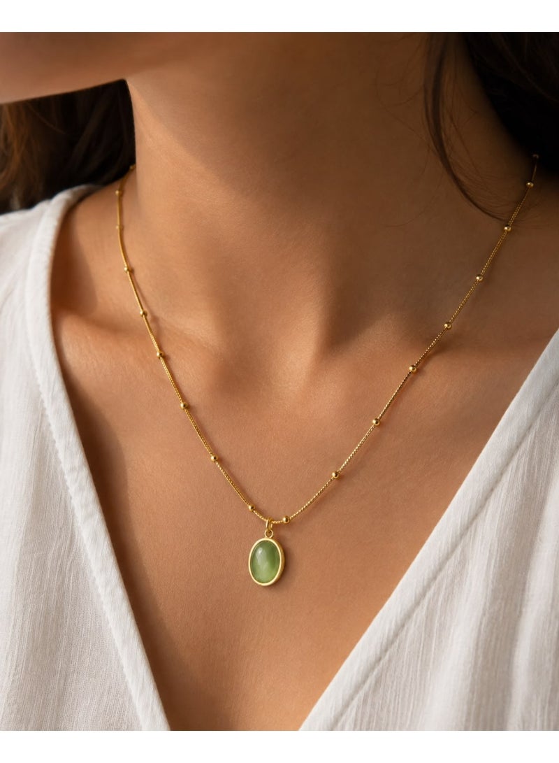 Shein Gold Beaded Chain Necklace for Women with Oval Green Stone Pendant – Stainless Steel - Image 1