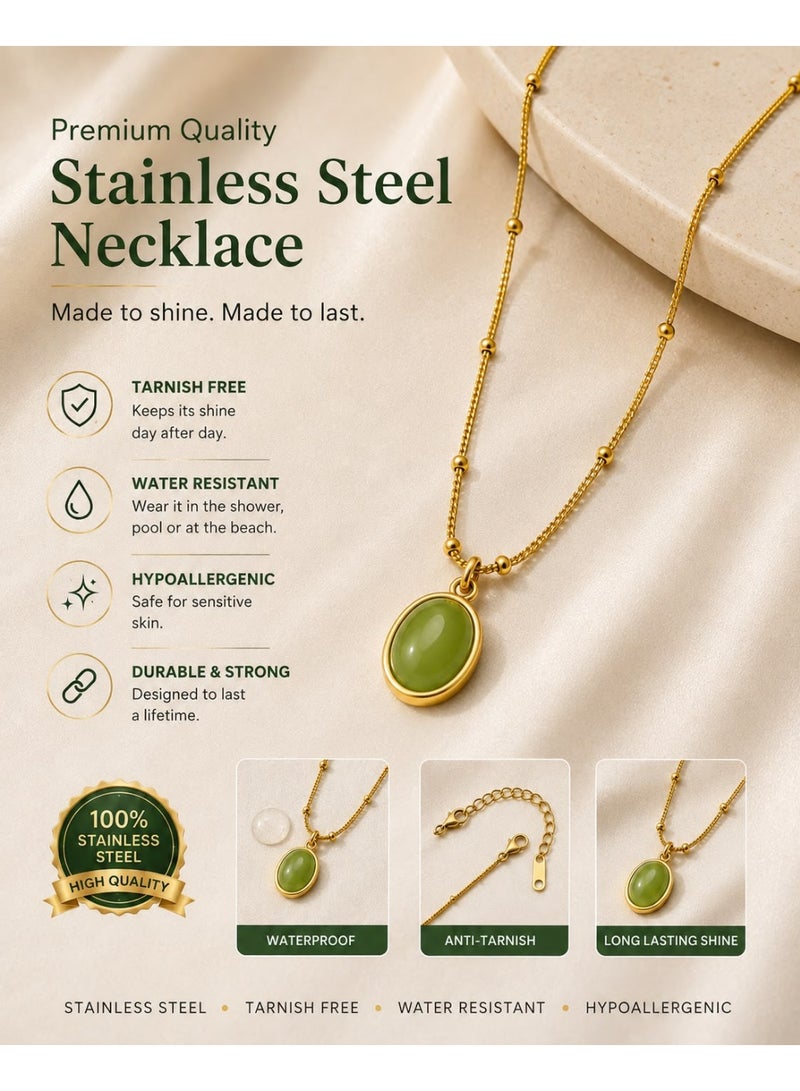 Shein Gold Beaded Chain Necklace for Women with Oval Green Stone Pendant – Stainless Steel - Image 4