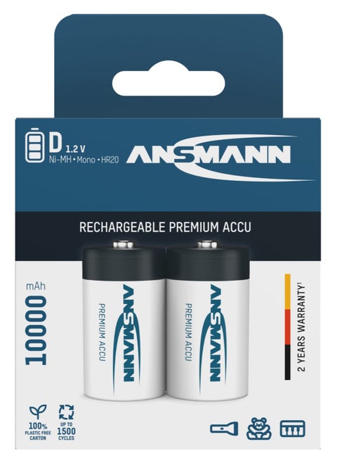 Battery D 10000 Mah Nimh 1.2 V (2 Pieces) - Mono D Batteries Rechargeable, High Capacity And Maxe Low Self-Discharge For High Power Requirements And Years Of Use, Silver/Black, 5030642