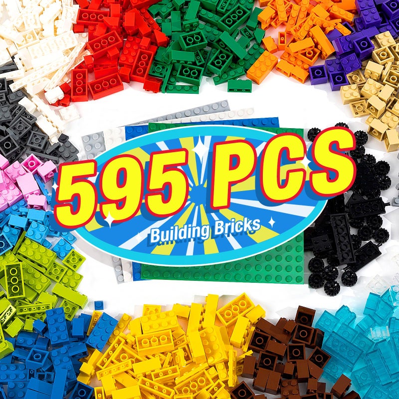 MANNIDOO 595 Pieces Building Bricks Building Bulk Block with 4 Packs 5 x 5 Stackable Plates and 46PCS Wheel Accessory Compatible with All Major Bricks Gfits for Kids 18 Shape16 Color - Image 3
