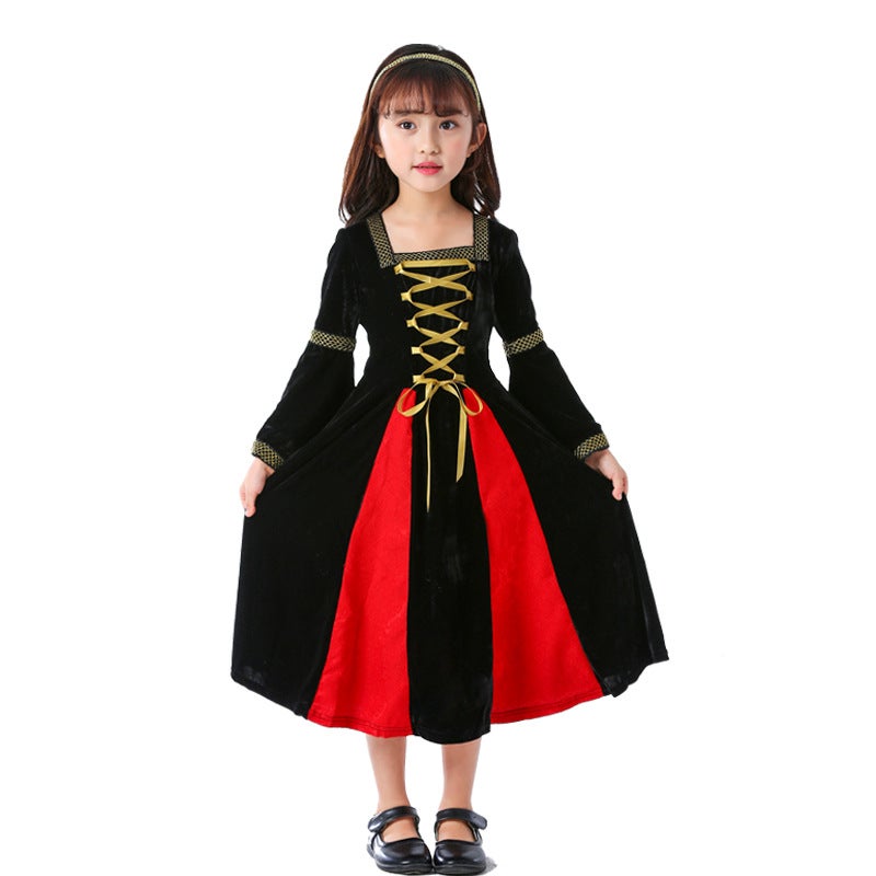 Halloween European Medieval Retro Court Costume Childrens Aristocratic Costume Girls Princess Dress Costume Red: dress Tie Headwear