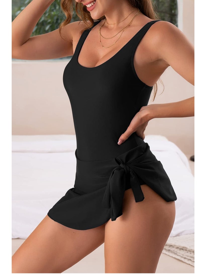 SYOSI One Piece Swimdress Swimsuits for Women Tummy Control Swim Dresses Skirt Bathing Suit, Black/L - Image 2