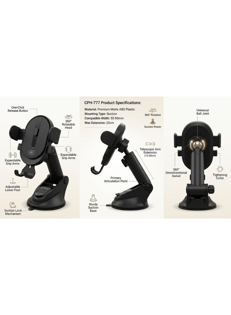 777 MD-01 Gravity Car Phone Holder – One-Hand Operation – Secure Grip – Universal Compatibility – Black - Image 3