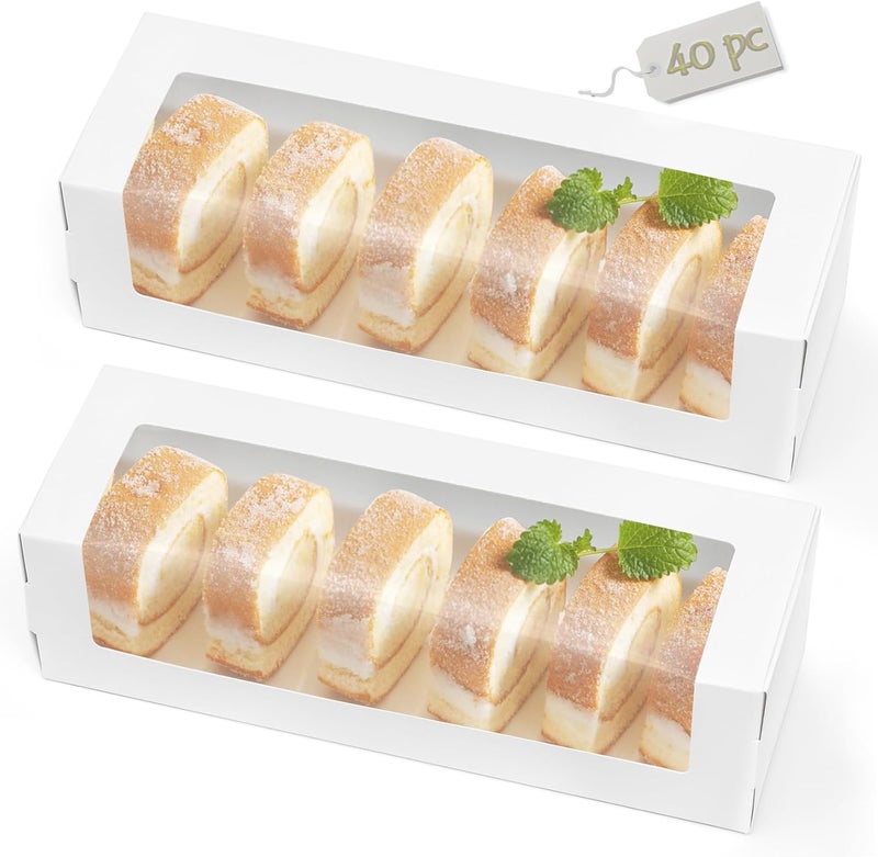 Kingrol 40 Pack White Bakery Boxes with Window, 12 x 4 x 3.5 Roll Cake Boxes, Rectangle Paper Boxes for Pastries, Desserts, Muffins, Donuts - Image 1