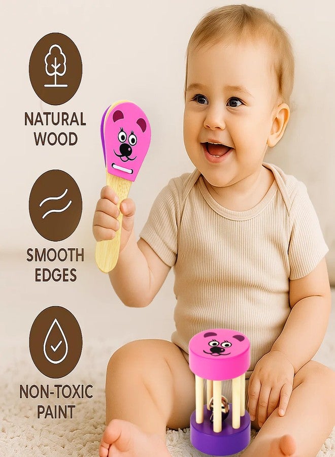 MiniMoo Originals - 2 Piece Wooden Baby Rattle Set | Pink Bear Shaker and Clapper Combo | Animal Rattle for Babies & Toddlers Ages 1-3 - Image 2