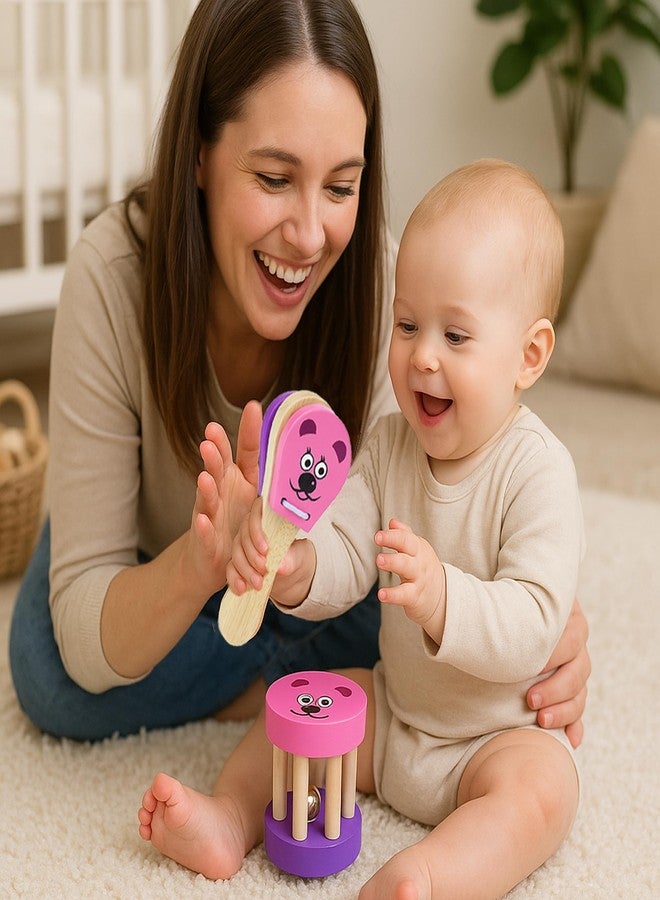 MiniMoo Originals - 2 Piece Wooden Baby Rattle Set | Pink Bear Shaker and Clapper Combo | Animal Rattle for Babies & Toddlers Ages 1-3 - Image 1