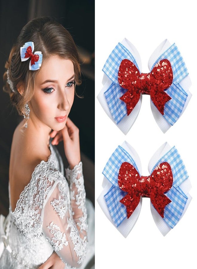 ASVNRES Blue White Gingham Hair Bow Clips Wedding Charm, 2PCS Checker Pigtail Bows Valentine's Day Coquette Bows Accessories (Blue) - Image 1