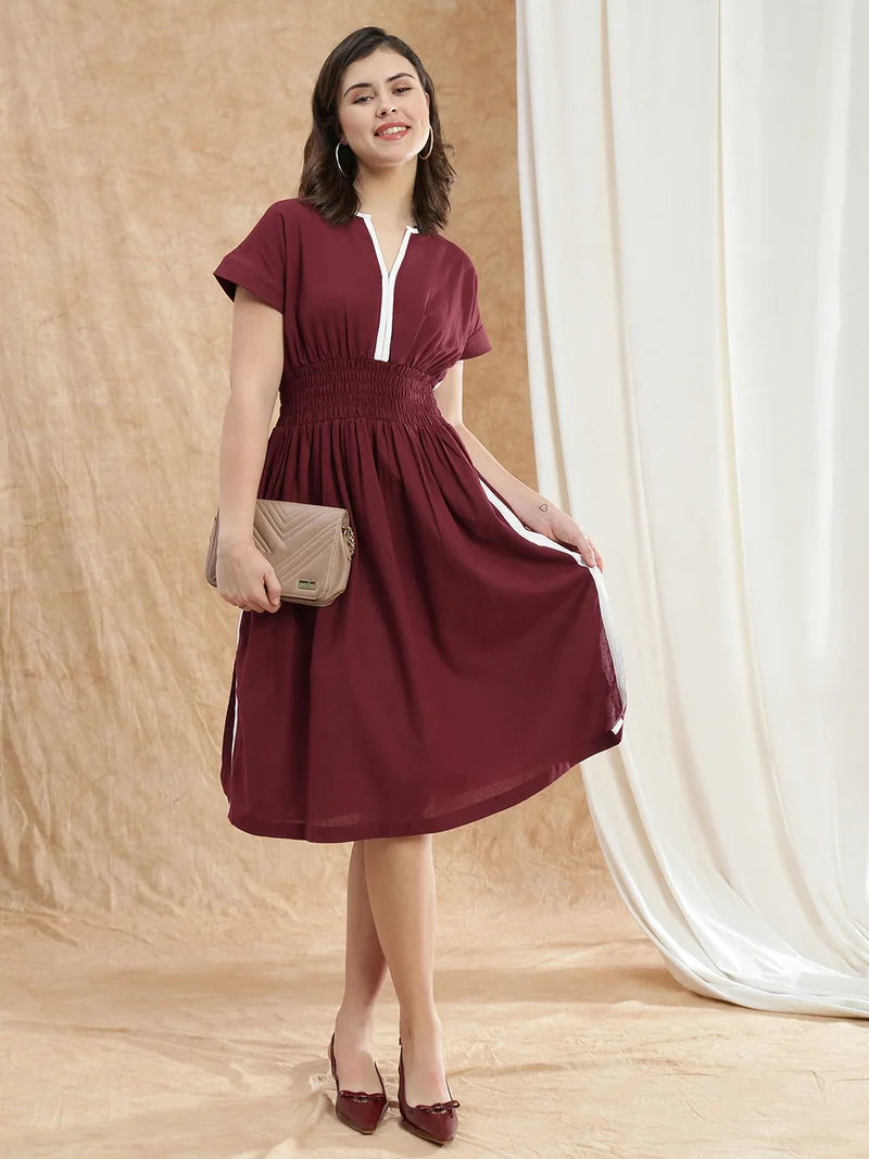globus Globus Women Maroon V-Neck Extended Sleeves Solid Smocked Side Slit Midi Fit & Flare Dress