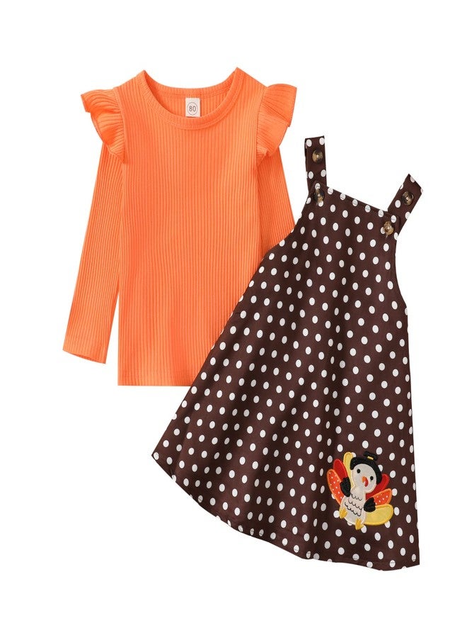 Noubeau Toddler Baby Girl Thanksgiving Outfits Long Sleeve Ruffle Ribbed Top+Turkey Dot Overalls Suspender Dress Fall Winter Clothes（Orange- Brown,4-5 Years） - Image 1