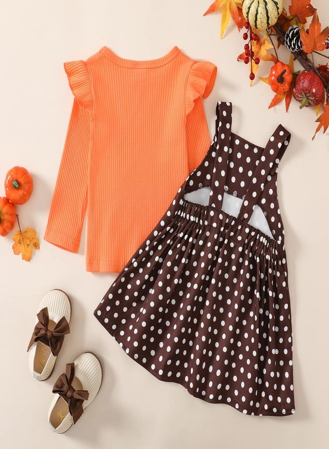 Noubeau Toddler Baby Girl Thanksgiving Outfits Long Sleeve Ruffle Ribbed Top+Turkey Dot Overalls Suspender Dress Fall Winter Clothes（Orange- Brown,4-5 Years） - Image 2