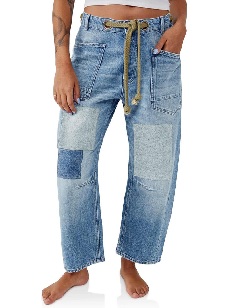 PLNOTME Womens Baggy Barrel Horseshoe Jeans Wide Leg Patchwork Low Rise Denim Pants with Pockets Light Blue - Image 1