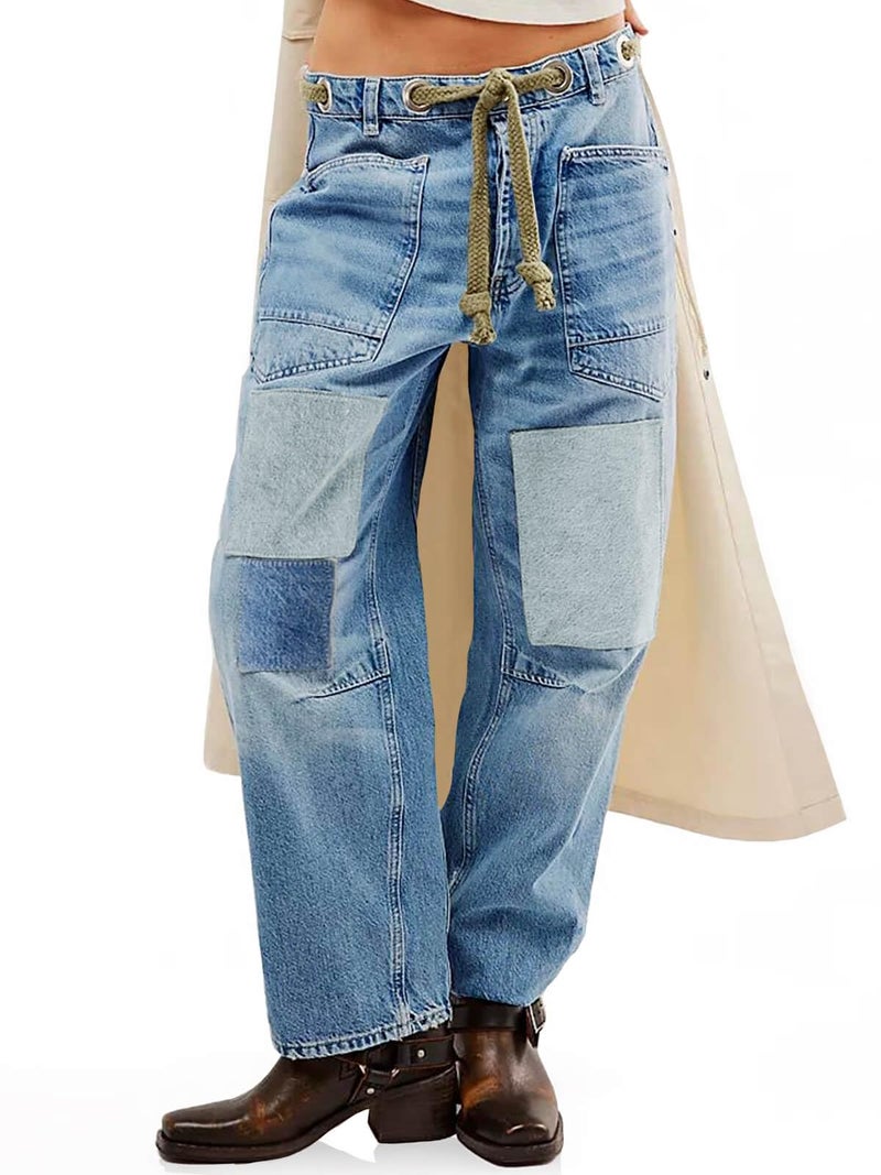 PLNOTME Womens Baggy Barrel Horseshoe Jeans Wide Leg Patchwork Low Rise Denim Pants with Pockets Light Blue - Image 2