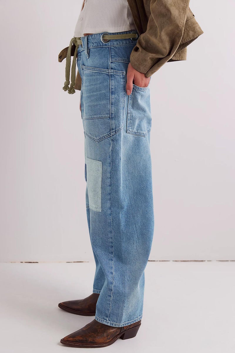 PLNOTME Womens Baggy Barrel Horseshoe Jeans Wide Leg Patchwork Low Rise Denim Pants with Pockets Light Blue - Image 3