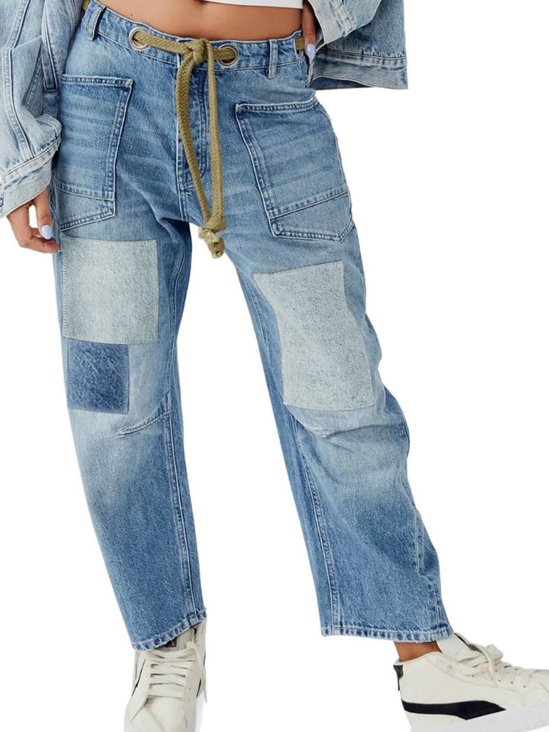 PLNOTME Womens Baggy Barrel Horseshoe Jeans Wide Leg Patchwork Low Rise Denim Pants with Pockets Light Blue - Image 5