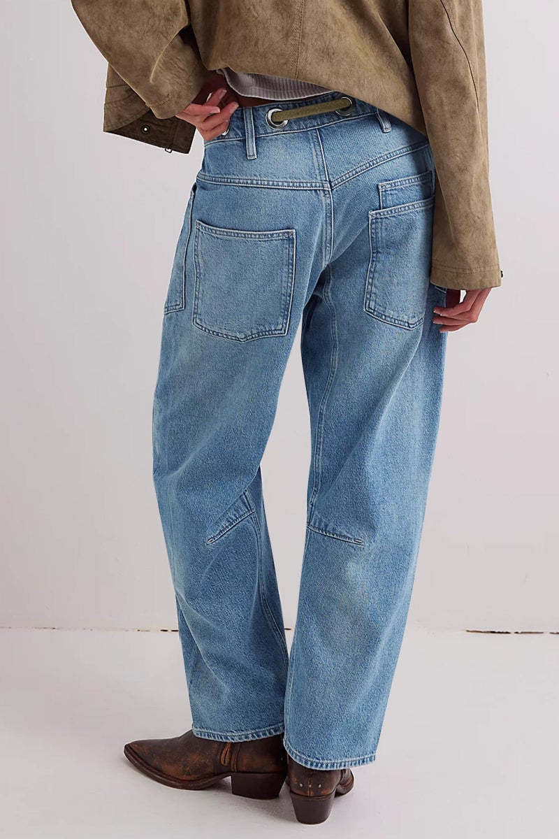 PLNOTME Womens Baggy Barrel Horseshoe Jeans Wide Leg Patchwork Low Rise Denim Pants with Pockets Light Blue - Image 4