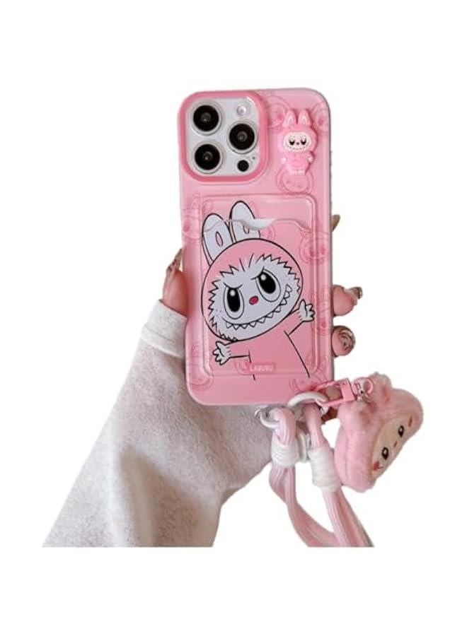 Arabest Pink LABUBU Lanyard Phone Case for iPhone 15, TPU Kawaii Silicone, Scratch Resistant and Shockproof for Girls and Women - Image 1