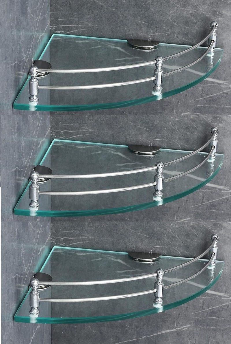 Epraiser 9 x 9 Inch Spacious Corner Glass Bathroom Shelf with Chrome Rail Wall Mounted Clear Tempered Glass ShelfRack Shelf 9x9 Inch 2 Piece - Image 1