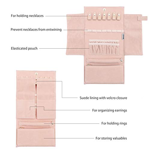 Becko US Jewelry Organizer Roll Travel Jewel Bag case for Multiple Necklaces, Rings, Bracelets, Supple Leather & Suede, Large Capacity Without Crease, Lightweight, Portable & Practical (Pink) - Image 3