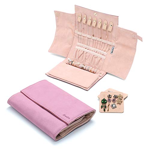 Becko US Jewelry Organizer Roll Travel Jewel Bag case for Multiple Necklaces, Rings, Bracelets, Supple Leather & Suede, Large Capacity Without Crease, Lightweight, Portable & Practical (Pink) - Image 5