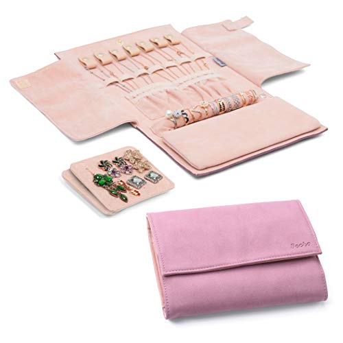 Becko US Jewelry Organizer Roll Travel Jewel Bag case for Multiple Necklaces, Rings, Bracelets, Supple Leather & Suede, Large Capacity Without Crease, Lightweight, Portable & Practical (Pink) - Image 1