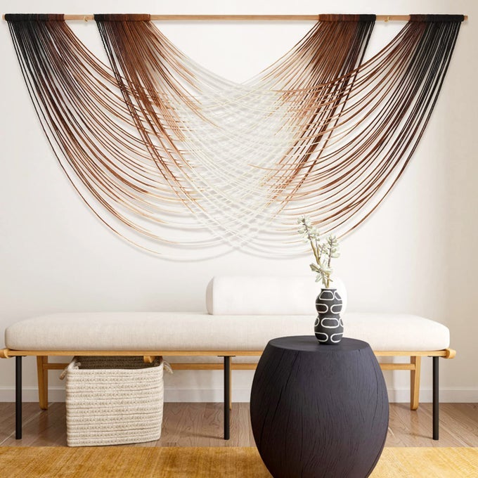 MACRAME WALL HANGING DIP DYE BROWN BOHO WALL DECOR YARN TAPESTRY MODERN LIVING ROOM BEDROOM HOME WALL DECOR 57 W X 35 L