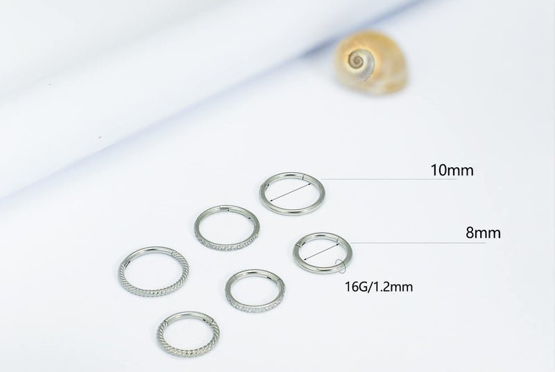 HQLA 16G 18G 6mm 8mm 10mm Hinged Clicker Segment CZ Twisted Clicker Nose Rings Hoop Helix Cartilage Daith Tragus Sleeper Earrings Body Piercing for Women Men (16G - 8mm - 3Pcs Steel) - Image 2