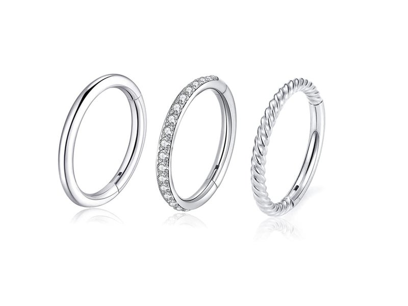 HQLA 16G 18G 6mm 8mm 10mm Hinged Clicker Segment CZ Twisted Clicker Nose Rings Hoop Helix Cartilage Daith Tragus Sleeper Earrings Body Piercing for Women Men (16G - 8mm - 3Pcs Steel) - Image 1