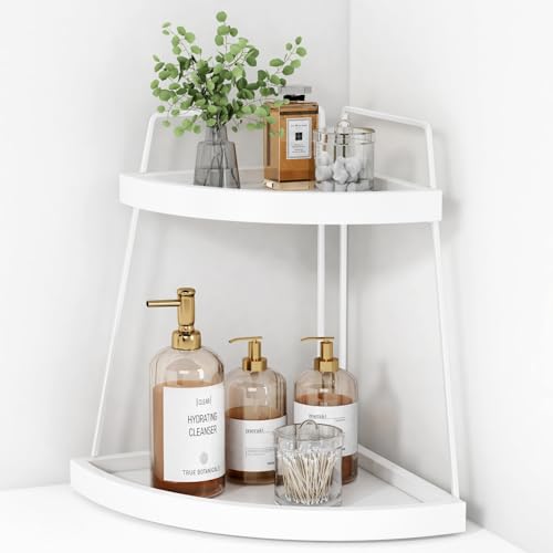 Forbena White 2 Tier Corner Bathroom Counter Organizer, Bathroom Countertop Shelf Organizer for Kitchen Sink, 2 Tier Makeup Vanity Tray for Dresser Tops Decor, Corner Shelf for Girls Bedroom (White) - Image 1