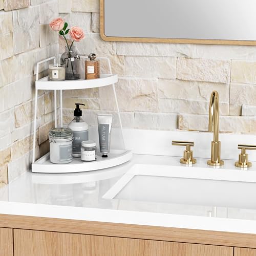 Forbena White 2 Tier Corner Bathroom Counter Organizer, Bathroom Countertop Shelf Organizer for Kitchen Sink, 2 Tier Makeup Vanity Tray for Dresser Tops Decor, Corner Shelf for Girls Bedroom (White) - Image 2