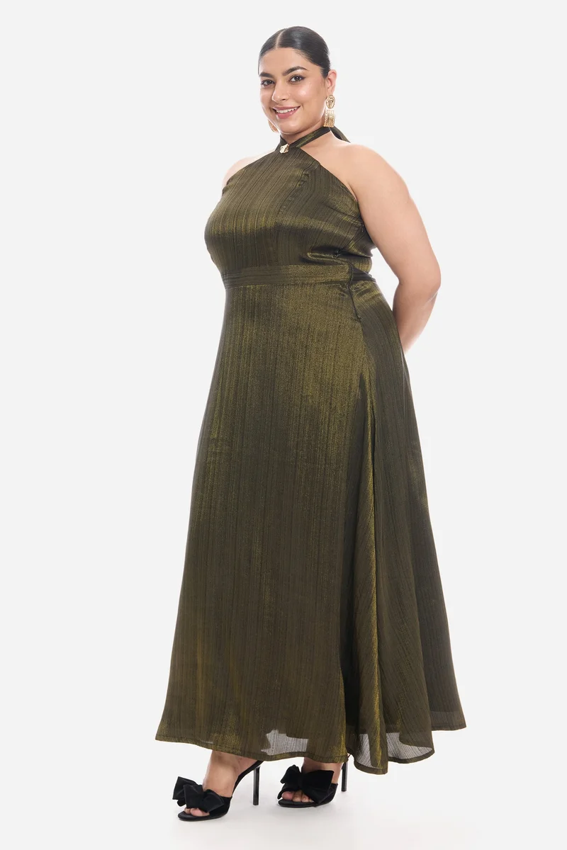 Virgio  Self Design Viscose Sleeveless Halter Neck Maxi Plus Size Dress for Women for Women | Best Price UAE