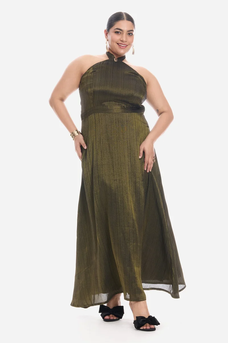 Virgio Self Design Viscose Sleeveless Halter Neck Maxi Plus Size Dress for Women