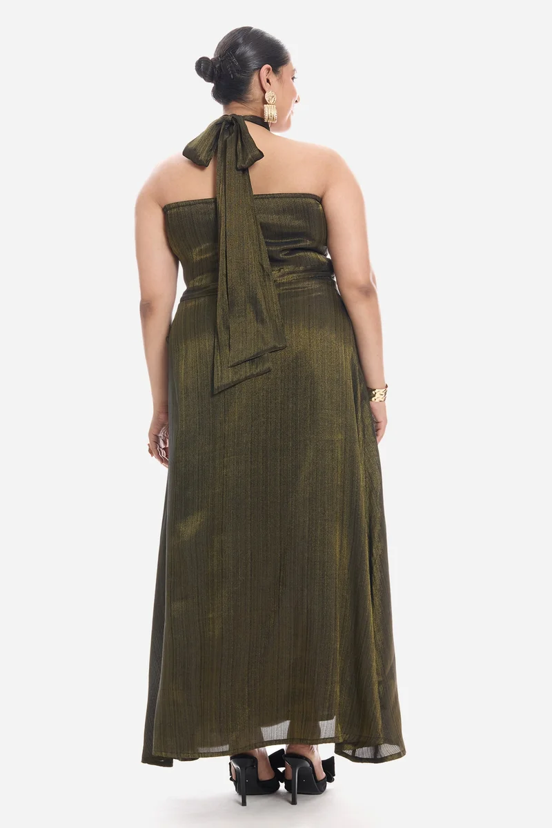Virgio  Self Design Viscose Sleeveless Halter Neck Maxi Plus Size Dress for Women for Women | Best Price UAE
