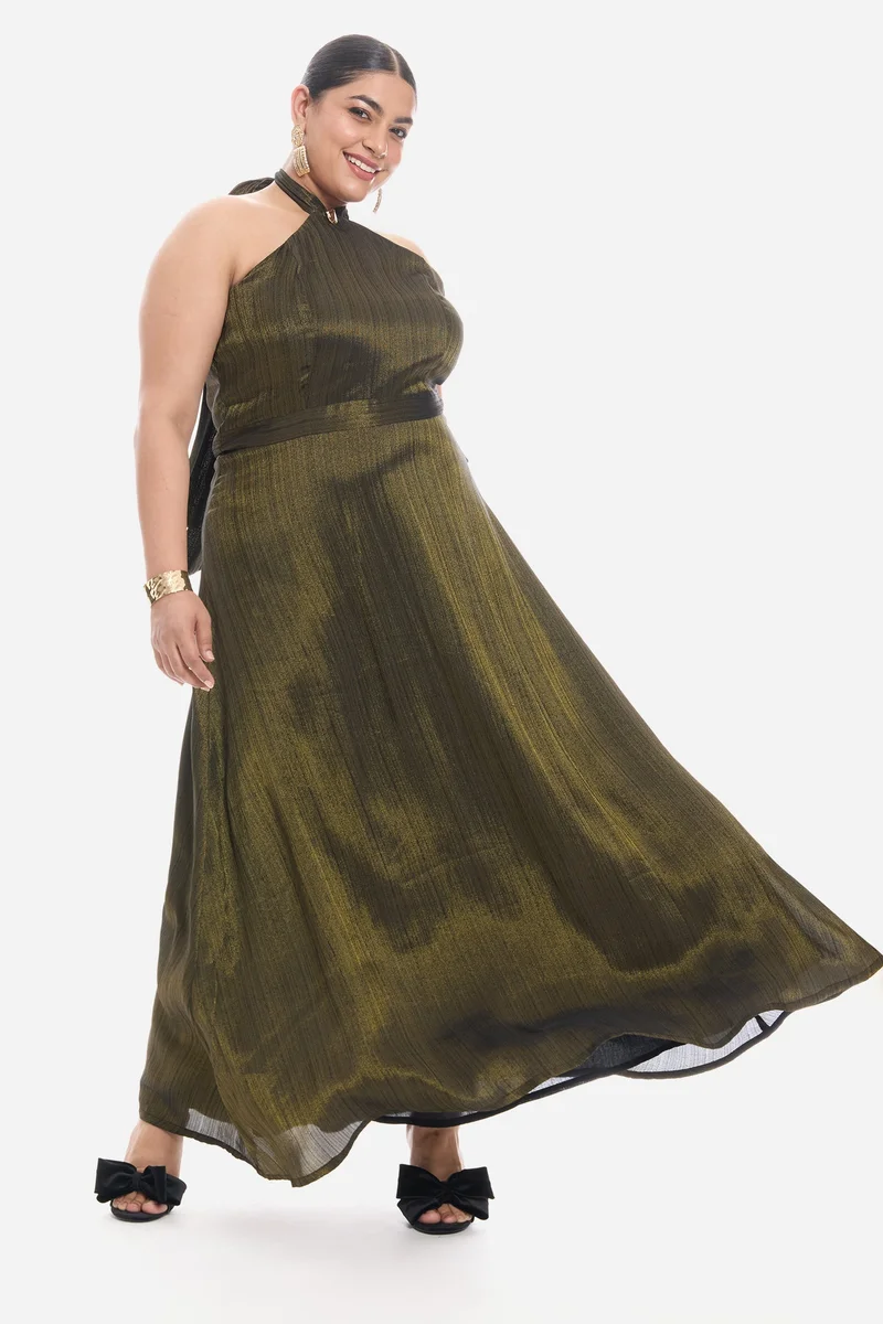 Virgio Self Design Viscose Sleeveless Halter Neck Maxi Plus Size Dress for Women