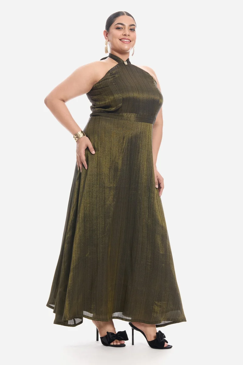 Virgio  Self Design Viscose Sleeveless Halter Neck Maxi Plus Size Dress for Women for Women | Best Price UAE