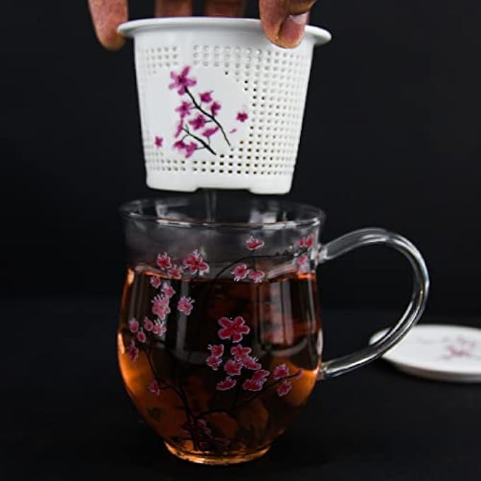 تيلاند فلتر شاي زهر الكرز المتين من البورسلين مع غطاء لنقع الأوراق السائبة من شاي أولونغ الأسود العشبي وشاي شو بوير الأخضر المزهر 7×55 سم - Image 4