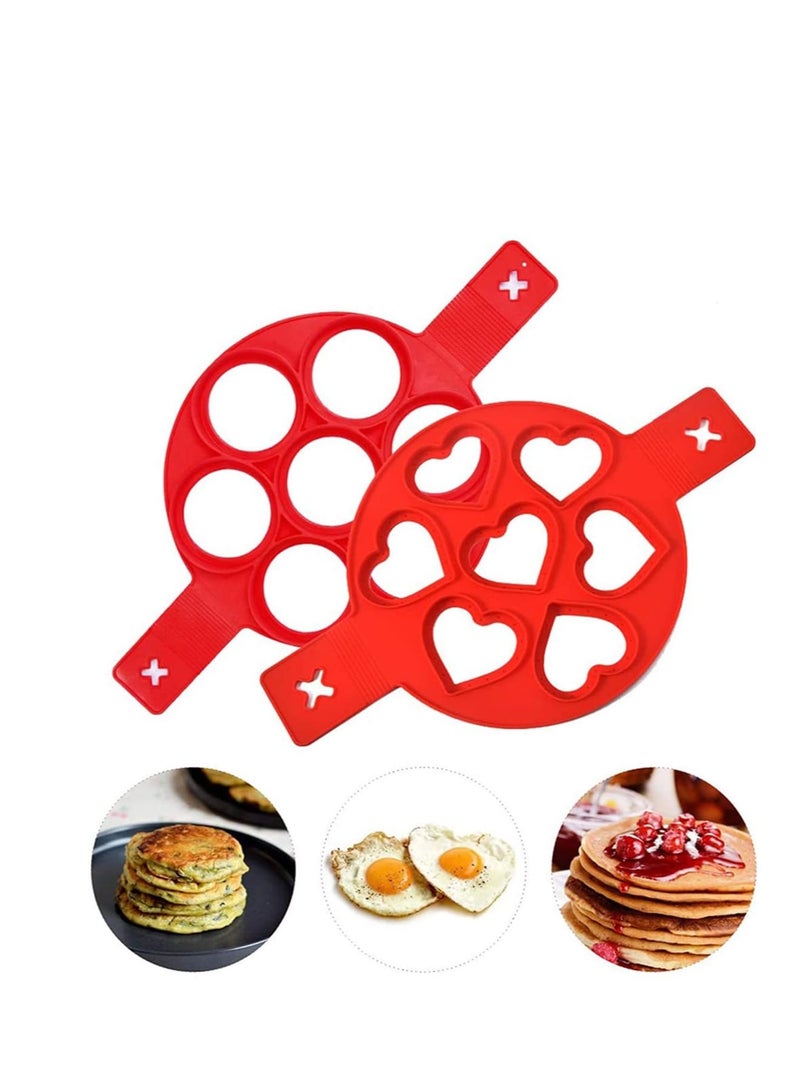 Zikra Omelette Mold, Pancake Mold Ring, 2 Silicone Pancake Molds; 7 Holes Heart Reusable Silicone Non-Stick Pancake Tool Egg Ring for Egg Maker, Makes Right Shape (Red)