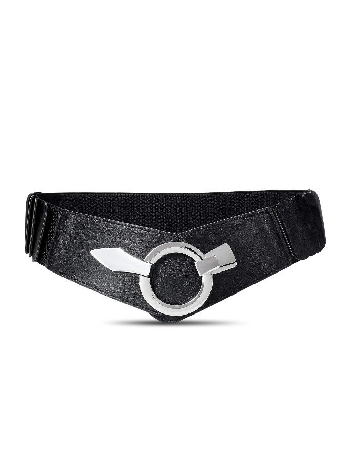Wide Elastic Waist Belt Vintage, Girls Thick Stretch Belt with Interlock Buckle , Women Stretch Waist Belt,  Fashion Retro Leather Waistband for Ladies Dress Decoration Black - Image 1