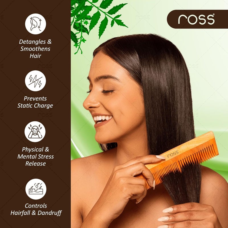Ross Neem Wood Comb – Oil-Treated with Kacchi Neem, Bhringraj & 15+ Herbs for Hair Growth, Anti-Hair Fall, Dandruff & Frizz Control – Herbal Wooden Comb for Men & Women (Dual Tooth) - Image 5