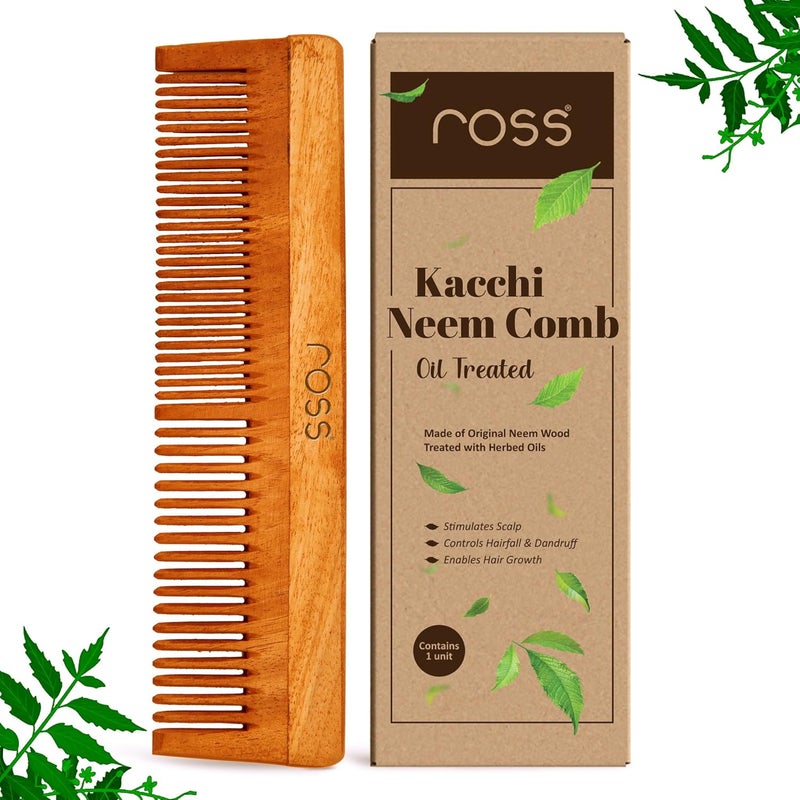 Ross Neem Wood Comb – Oil-Treated with Kacchi Neem, Bhringraj & 15+ Herbs for Hair Growth, Anti-Hair Fall, Dandruff & Frizz Control – Herbal Wooden Comb for Men & Women (Dual Tooth) - Image 1
