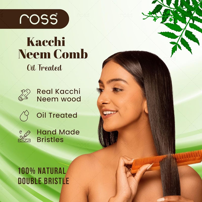 Ross Neem Wood Comb – Oil-Treated with Kacchi Neem, Bhringraj & 15+ Herbs for Hair Growth, Anti-Hair Fall, Dandruff & Frizz Control – Herbal Wooden Comb for Men & Women (Dual Tooth) - Image 2