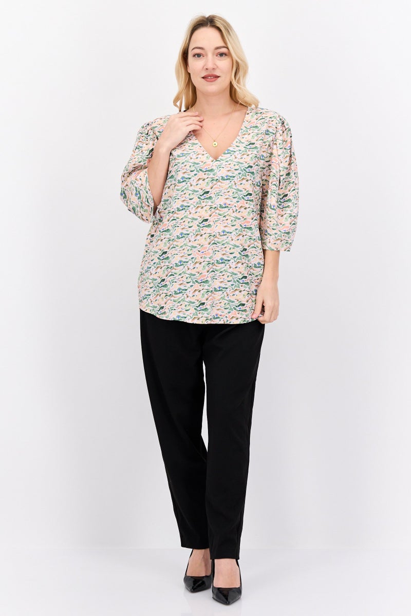 Scotch & Soda Women V Neck Short Sleeve Allover Print Tunic Top, Green Combo - Image 3